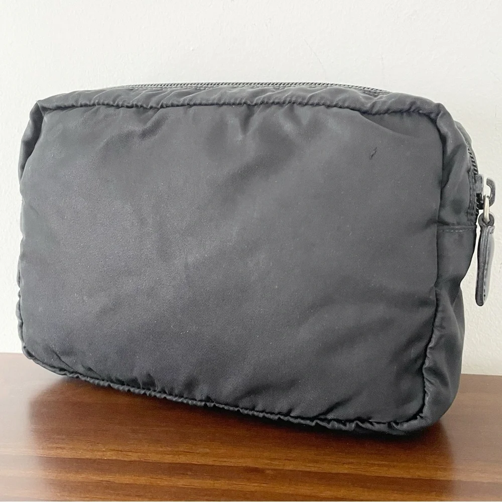 Prada black nylon and leather triangle logo vintage cosmetic zip pouch